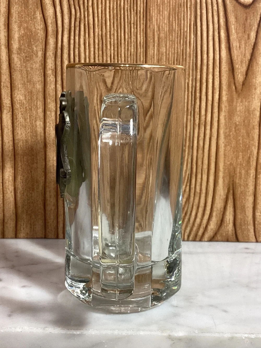 Glass Beer Stein with Brass Golf Emblem - Clear Raised Metal Medallion